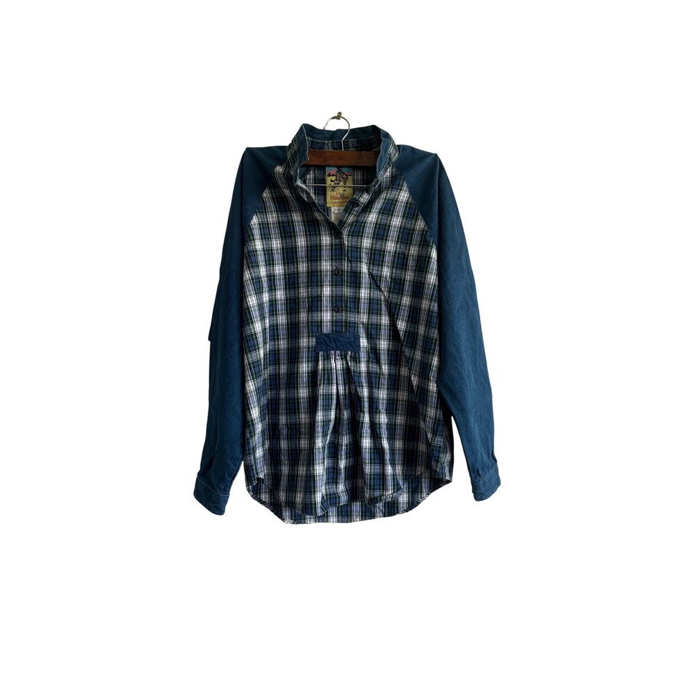 Vintage P.S.Rhinestones Plaid Denim Long Sleeve‎ Western Shirt Top Medium